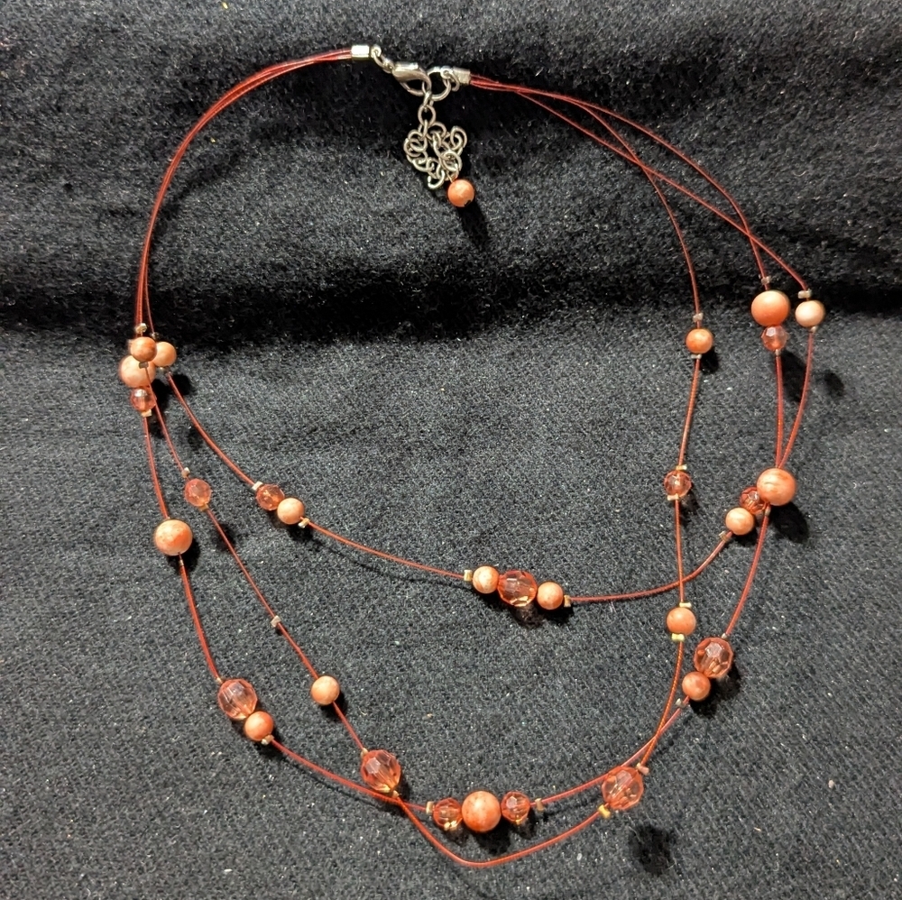 Copper Tone Pink Peach Coral Color Beaded Illusion Layered Statement Necklace